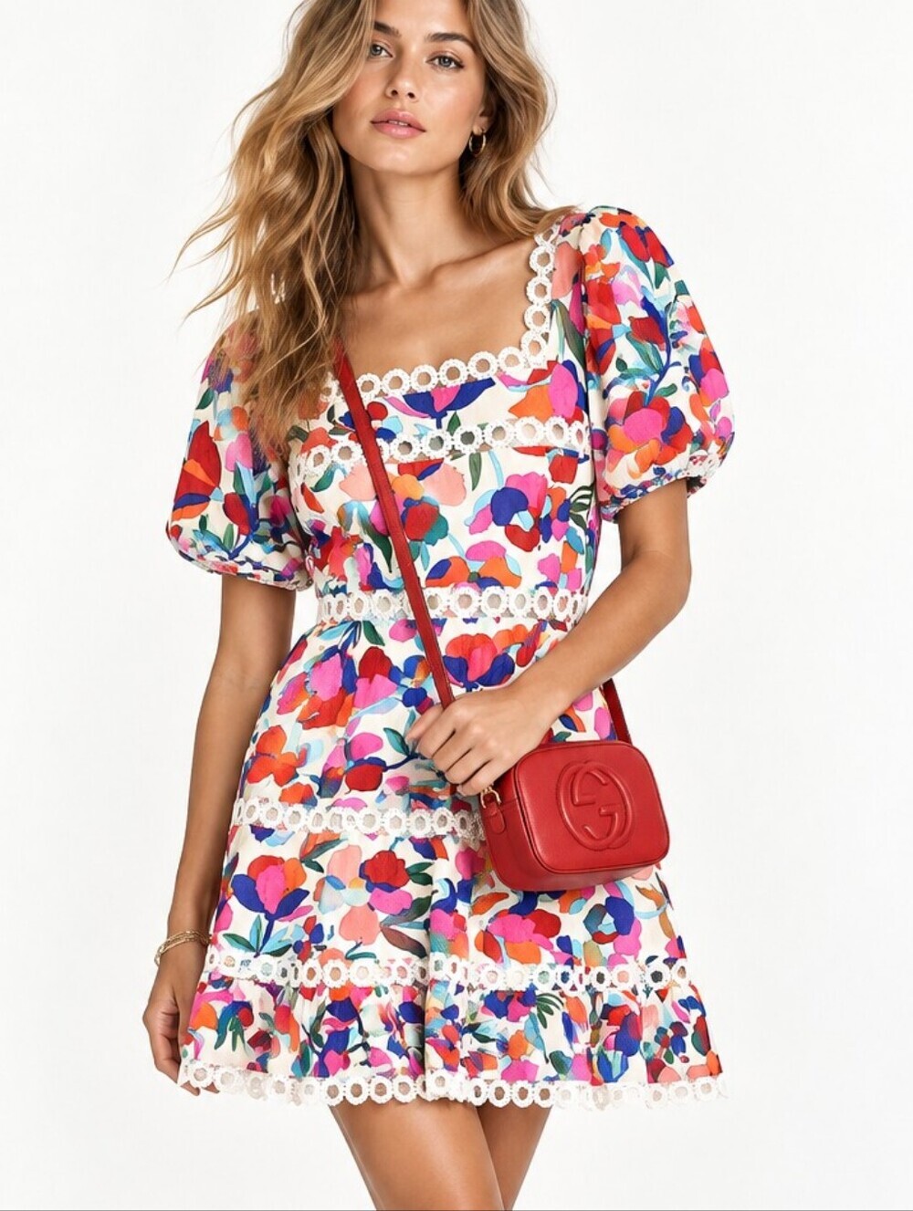 Olivaceous Floral Linen Blend Babydoll Dress Eyelet Trim